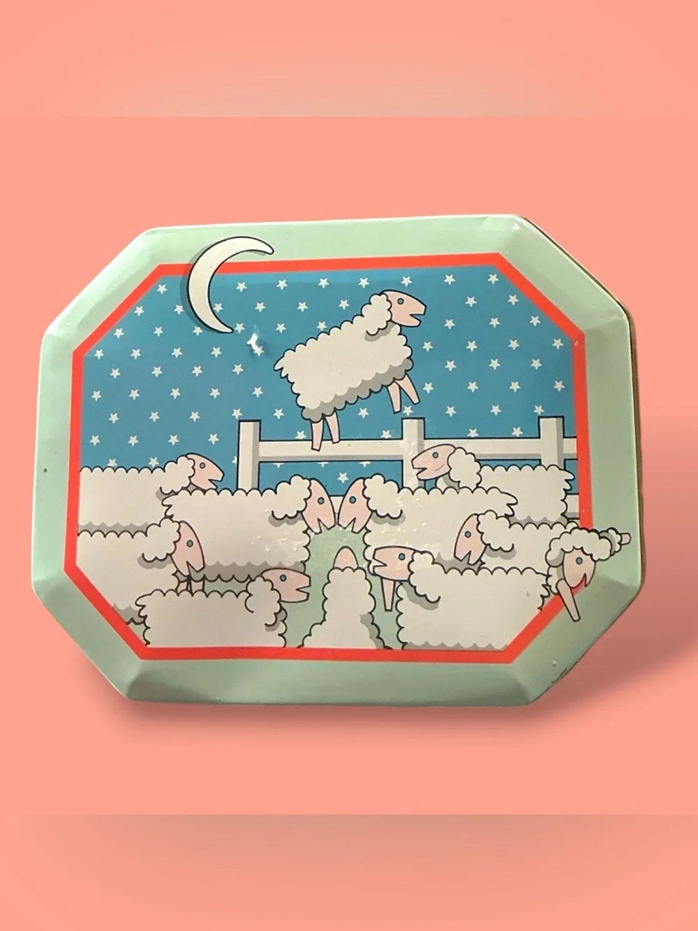 Vintage Tin Sheep Frolicking In Moonlight Hinged Lid Adorable Storybook Storage